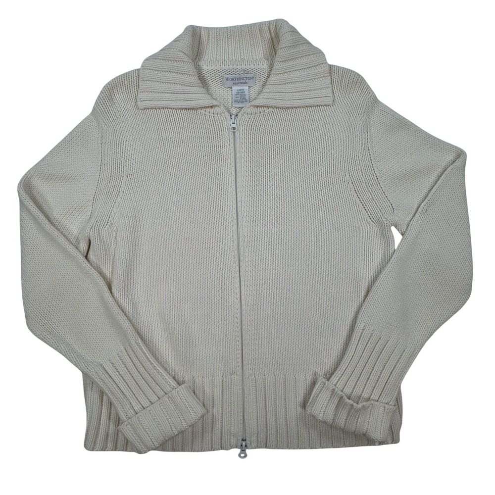 Worthington Essentials Cream Ribbed Full Zip Sweater Mock Neck Large